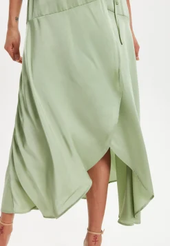 Women's Midi Wrap Dress in Sage Green with Short Puff Sleeves - Elegant Style and Comfort by Liquorish