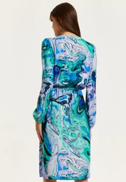 Women's Midi Wrap Dress in Turquoise Marble Print with Long Sleeves - Elegant Design by Liquorish