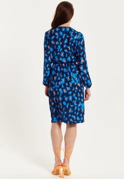 Women's Midi Wrap Dress in Blue with Long Sleeves - Elegant Abstract Print Design by Liquorish