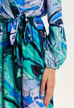 Women's Midi Wrap Dress in Turquoise Marble Print with Long Sleeves - Elegant Design by Liquorish