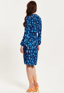 Women's Midi Wrap Dress in Blue with Long Sleeves - Elegant Abstract Print Design by Liquorish
