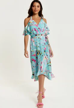 Women's Midi Wrap Dress in Blue Abstract Print with Cold Shoulders and Tie Waist - Elegant Style by Liquorish