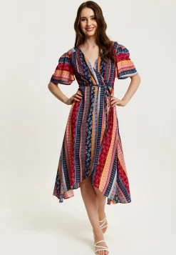 Women's Midi Wrap Dress in Multicolour with Short Sleeves and Paisley Print - Elegant V Neck Design by Liquorish