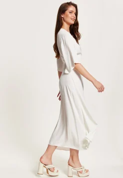 Women's Midi Wrap Dress in White - Short Kimono Sleeves with Matching Tie Waist for a Flattering Fit by Liquorish