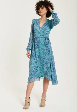 Women's Midi Wrap Dress in Blue with Long Sleeves, Animal Print Design and Tie Waist by Liquorish