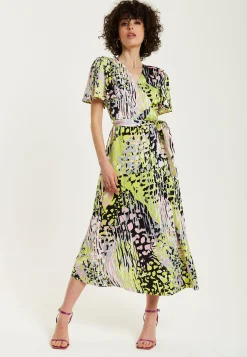 Women's Midi Wrap Dress in Vibrant Multicolour Abstract Print with Short Sleeves - Liquorish