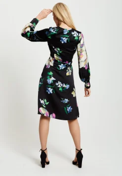 Women's Midi Wrap Dress in Black with Long Balloon Sleeves Featuring Floral Print by Liquorish