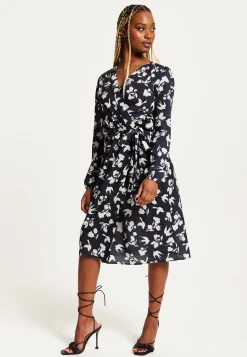 Women's Midi Wrap Dress in Navy with Long Sleeves and Floral & Bird Print - Chic Style by Liquorish