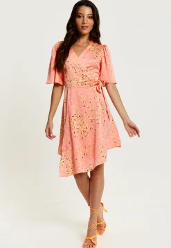 Women's Midi Wrap Dress in Peach with V-Neck, Side Tie, Kimono Sleeves - Stylish and Comfortable by Liquorish