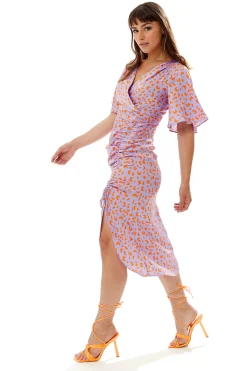 Women's Midi Wrap Dress in Lilac and Orange with Kimono Sleeves - Elegant Cheetah Print Design by Liquorish