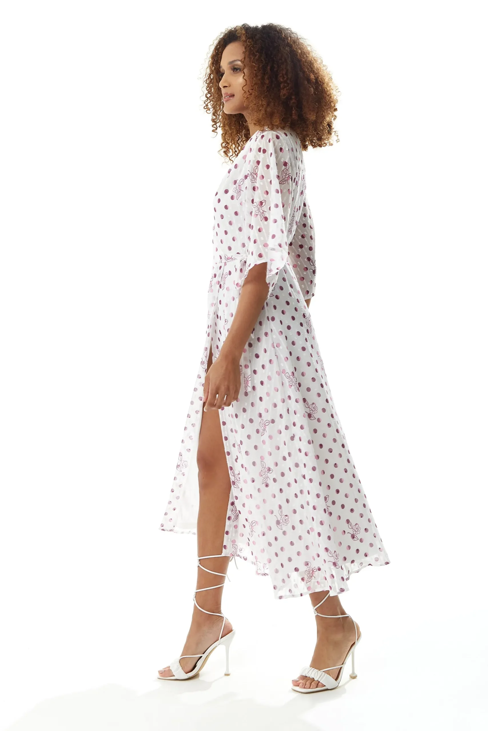Women’s Midi Wrap Dress in White with Pink Floral & Polka Dots, V Neck, Kimono Sleeves - Liquorish