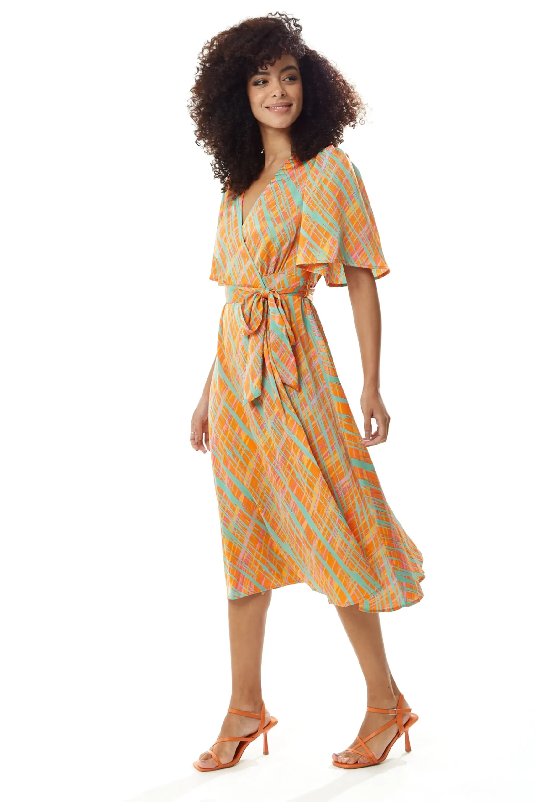 Women's Midi Wrap Dress in Orange Scribble Print with V Neck and Kimono Sleeves - Perfect for Weddings by Liquorish
