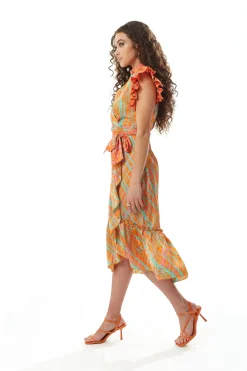 Women's Midi Wrap Dress in Orange Scribble Print with Frill Short Sleeves and Tie Waist - Elegant Wedding Style by Liquorish