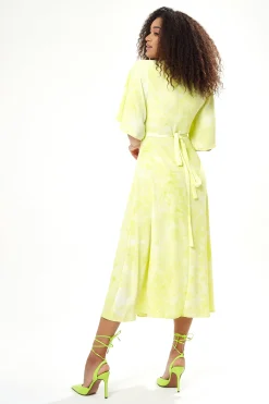 Women's Midi Wrap Dress in Vibrant Yellow with Kimono Sleeves - Elegant Style by Liquorish