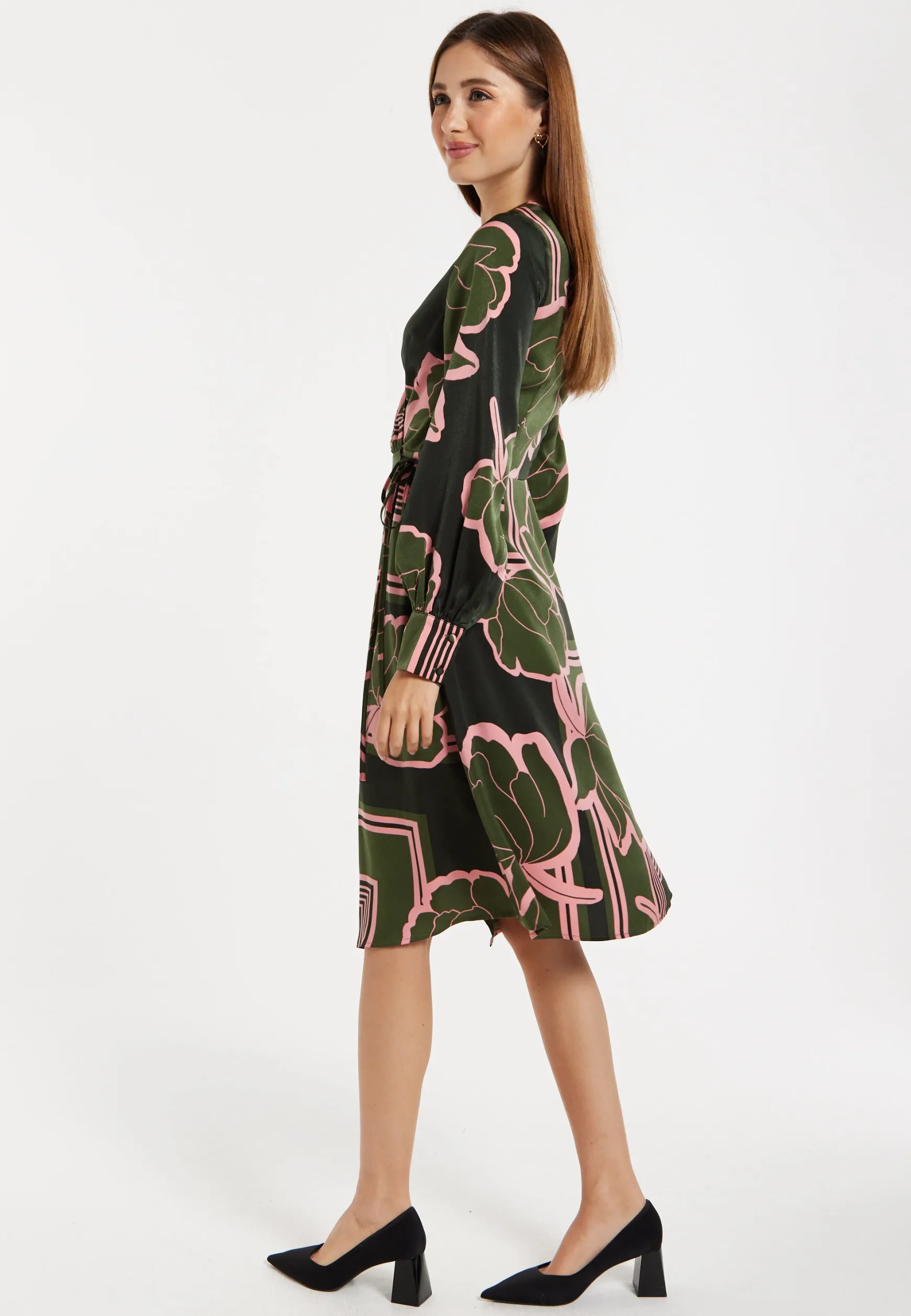 Women's Midi Wrap Dress in Dark Green with Long Sleeves and Geometric Floral Print by Liquorish