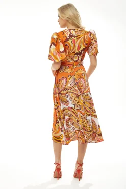 Women's Midi Wrap Dress in Vibrant Orange Floral with Short Sleeves - Stylish Design by Liquorish
