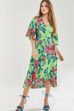 Women's Midi Wrap Dress in Green with Flared Sleeves - Elegant Floral Design by Liquorish