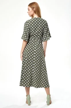 Women's Midi Wrap Dress in Khaki with Kimono Sleeves - Chic Polka Dot Design by Liquorish