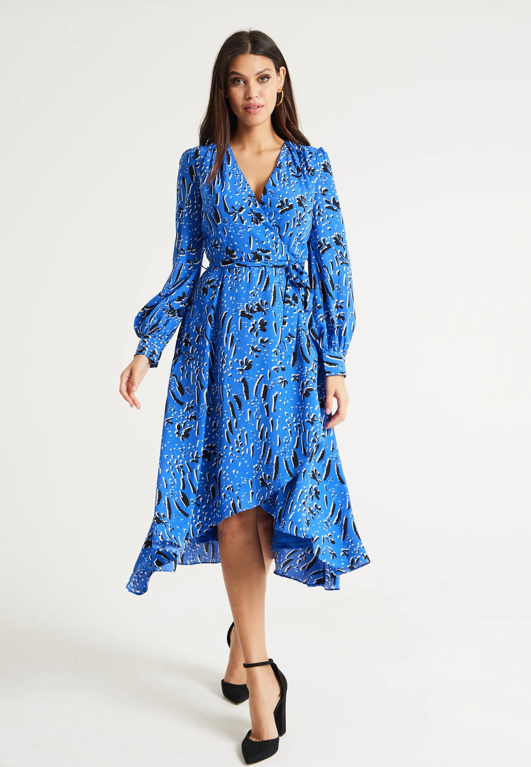 Women's Midi Wrap Dress in Cobalt Blue with Full-Length Sleeves - Artistic Floral Design by Liquorish