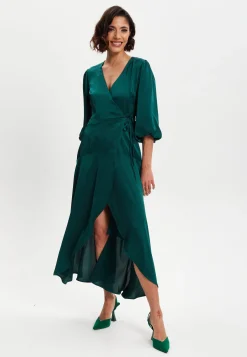 Women's Midi Wrap Dress in Dark Green with Short Puff Sleeves - Elegant Design by Liquorish