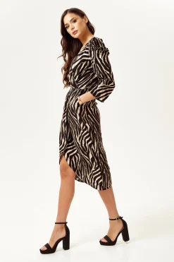 Women's Midi Wrap Dress in Zebra Print with Long Sleeves - Stylish Crossover Design for Every Occasion - Liquorish