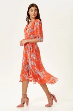 Women's Midi Wrap Dress in Red Floral Print with Short Sleeves - Elegant Design by Liquorish