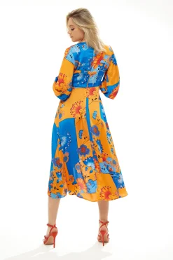 Women's Midi Wrap Dress in Orange & Blue Floral Print with Balloon Sleeves - Asymmetric Style - Luxe Liquorish