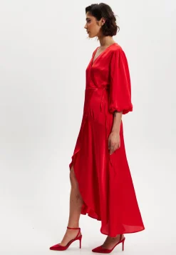 Women's Midi Wrap Dress in Red with Short Puff Sleeves - Elegant Design for Any Occasion by Liquorish