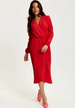 Women's Midi Wrap Dress in Red with Long Sleeves and V Neck - Regular Fit by Liquorish