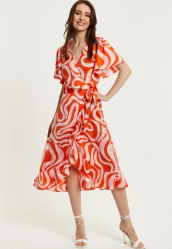 Women's Midi Wrap Dress in Pink and Red Abstract Print with Short Sleeves - Flattering V Neck and Tie Waist by Liquorish