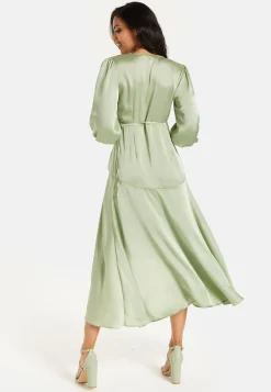 Women's Midi Wrap Dress in Sage Green with Short Puff Sleeves - Elegant Style and Comfort by Liquorish