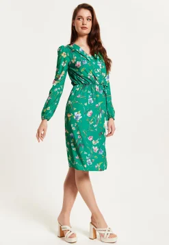 Women's Midi Wrap Dress in Green Floral Print with Long Sleeves - Chic Elegance by Liquorish