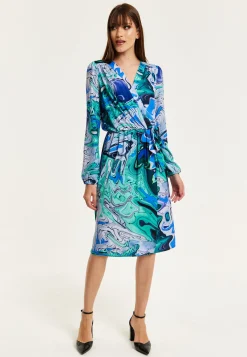 Women's Midi Wrap Dress in Turquoise Marble Print with Long Sleeves - Elegant Design by Liquorish