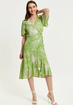 Women's Midi Wrap Dress in Tropical Print with Short Sleeves - V Neck, Regular Fit, Perfect for Summer by Liquorish
