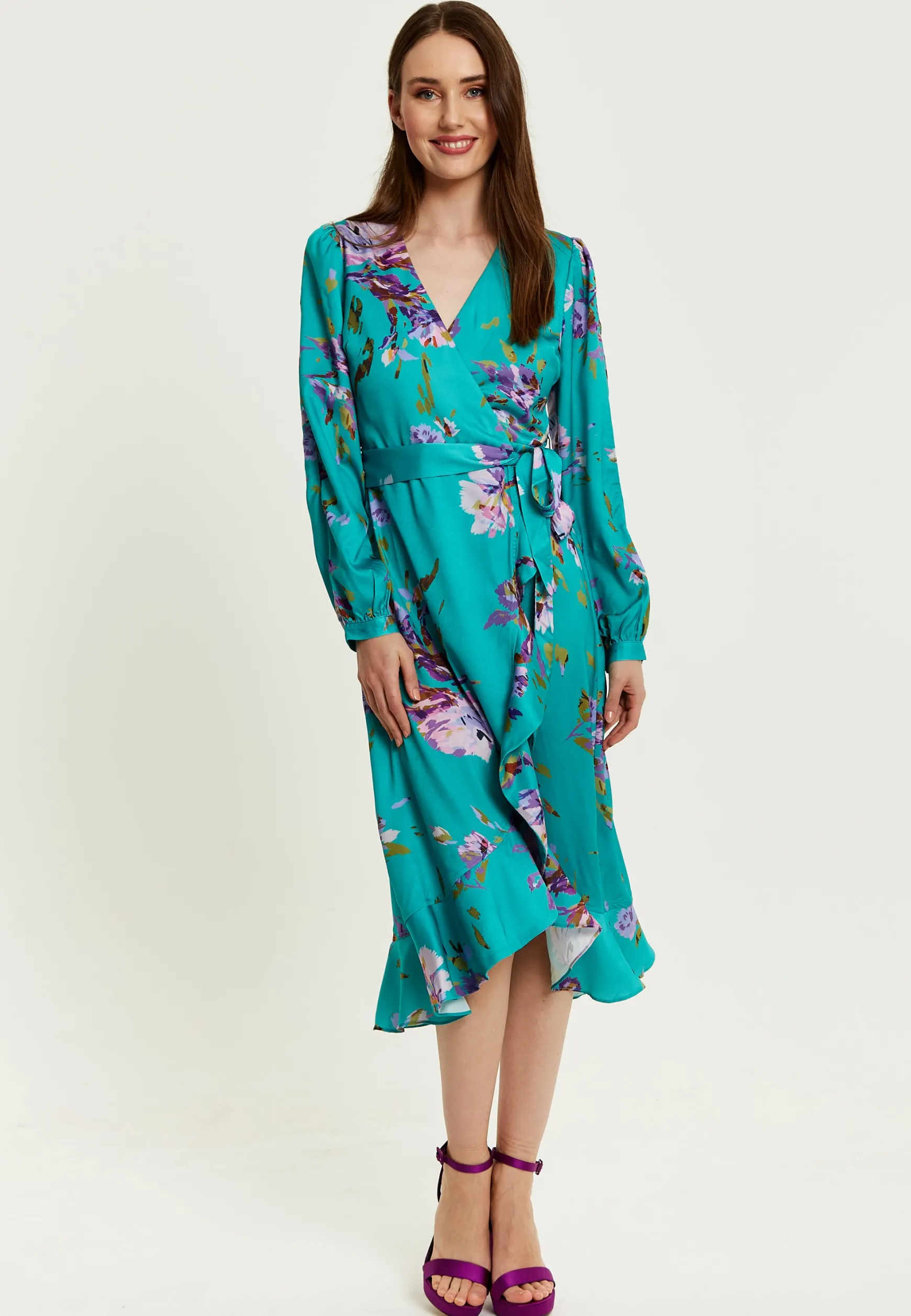 Women's Midi Wrap Dress in Green with Long Sleeve Slits, V Neck Style - Floral Print by Liquorish