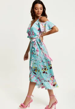 Women's Midi Wrap Dress in Blue Abstract Print with Cold Shoulders and Tie Waist - Elegant Style by Liquorish