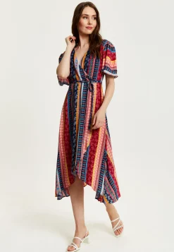 Women's Midi Wrap Dress in Multicolour with Short Sleeves and Paisley Print - Elegant V Neck Design by Liquorish