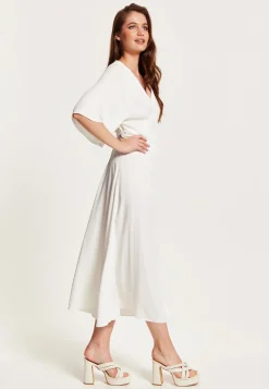 Women's Midi Wrap Dress in White - Short Kimono Sleeves with Matching Tie Waist for a Flattering Fit by Liquorish
