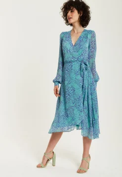 Women's Midi Wrap Dress in Blue with Long Sleeves, Animal Print Design and Tie Waist by Liquorish