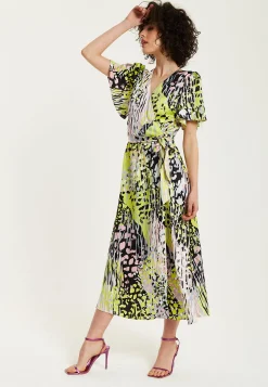 Women's Midi Wrap Dress in Vibrant Multicolour Abstract Print with Short Sleeves - Liquorish