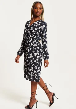 Women's Midi Wrap Dress in Navy with Long Sleeves and Floral & Bird Print - Chic Style by Liquorish