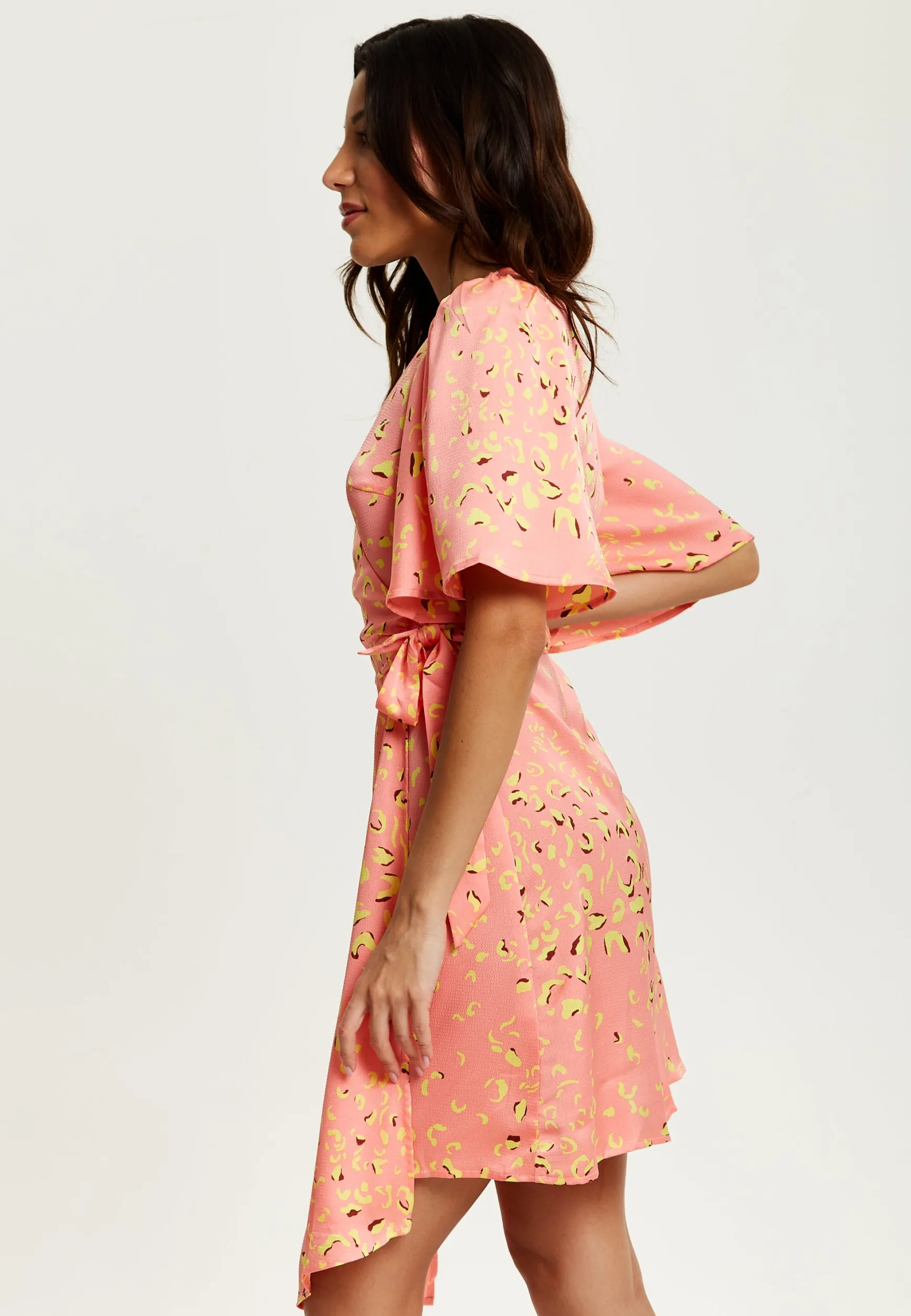 Women's Midi Wrap Dress in Peach with V-Neck, Side Tie, Kimono Sleeves - Stylish and Comfortable by Liquorish