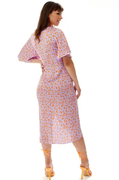 Women's Midi Wrap Dress in Lilac and Orange with Kimono Sleeves - Elegant Cheetah Print Design by Liquorish