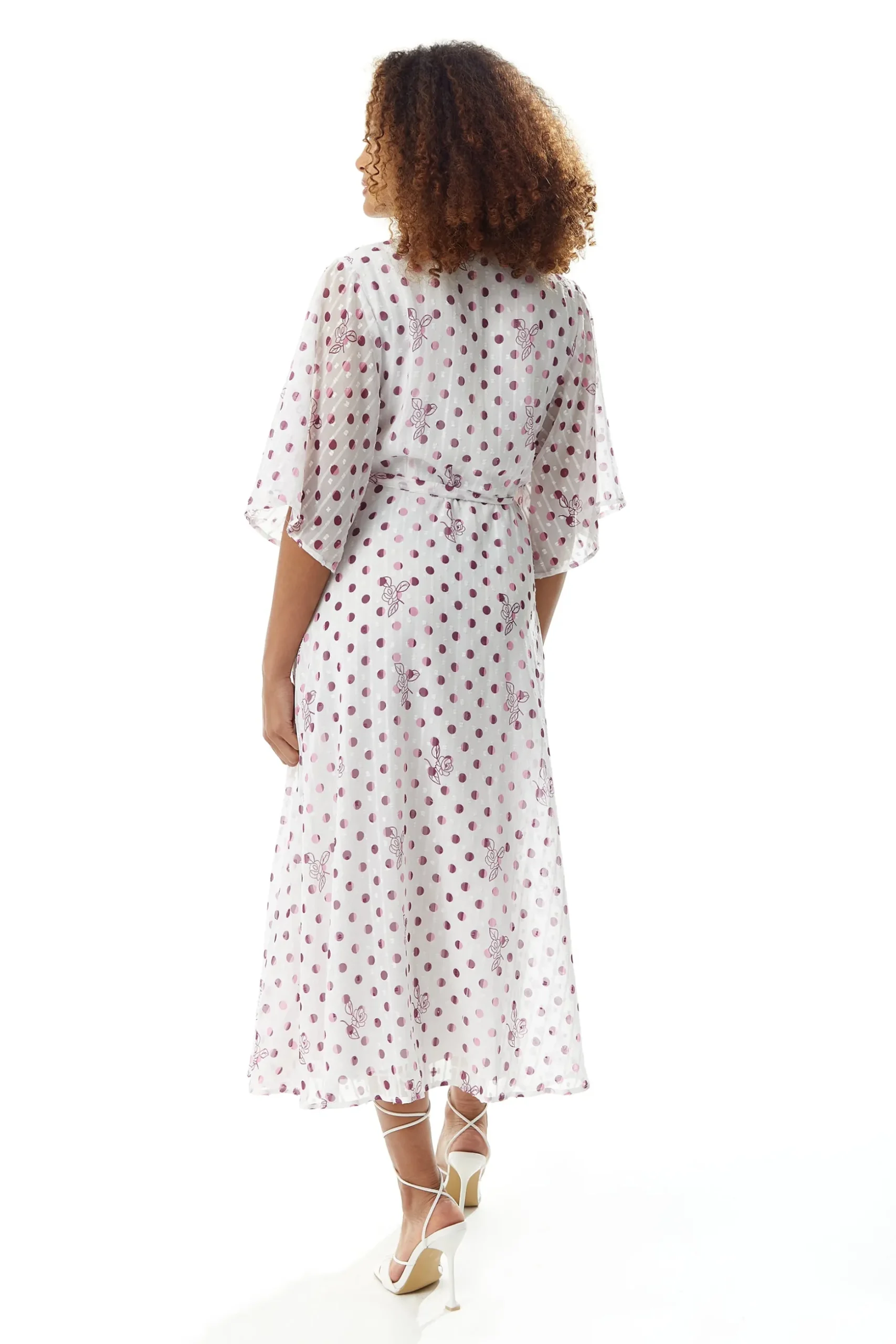 Women’s Midi Wrap Dress in White with Pink Floral & Polka Dots, V Neck, Kimono Sleeves - Liquorish