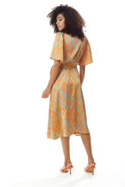 Women's Midi Wrap Dress in Orange Scribble Print with V Neck and Kimono Sleeves - Perfect for Weddings by Liquorish