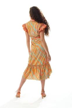 Women's Midi Wrap Dress in Orange Scribble Print with Frill Short Sleeves and Tie Waist - Elegant Wedding Style by Liquorish