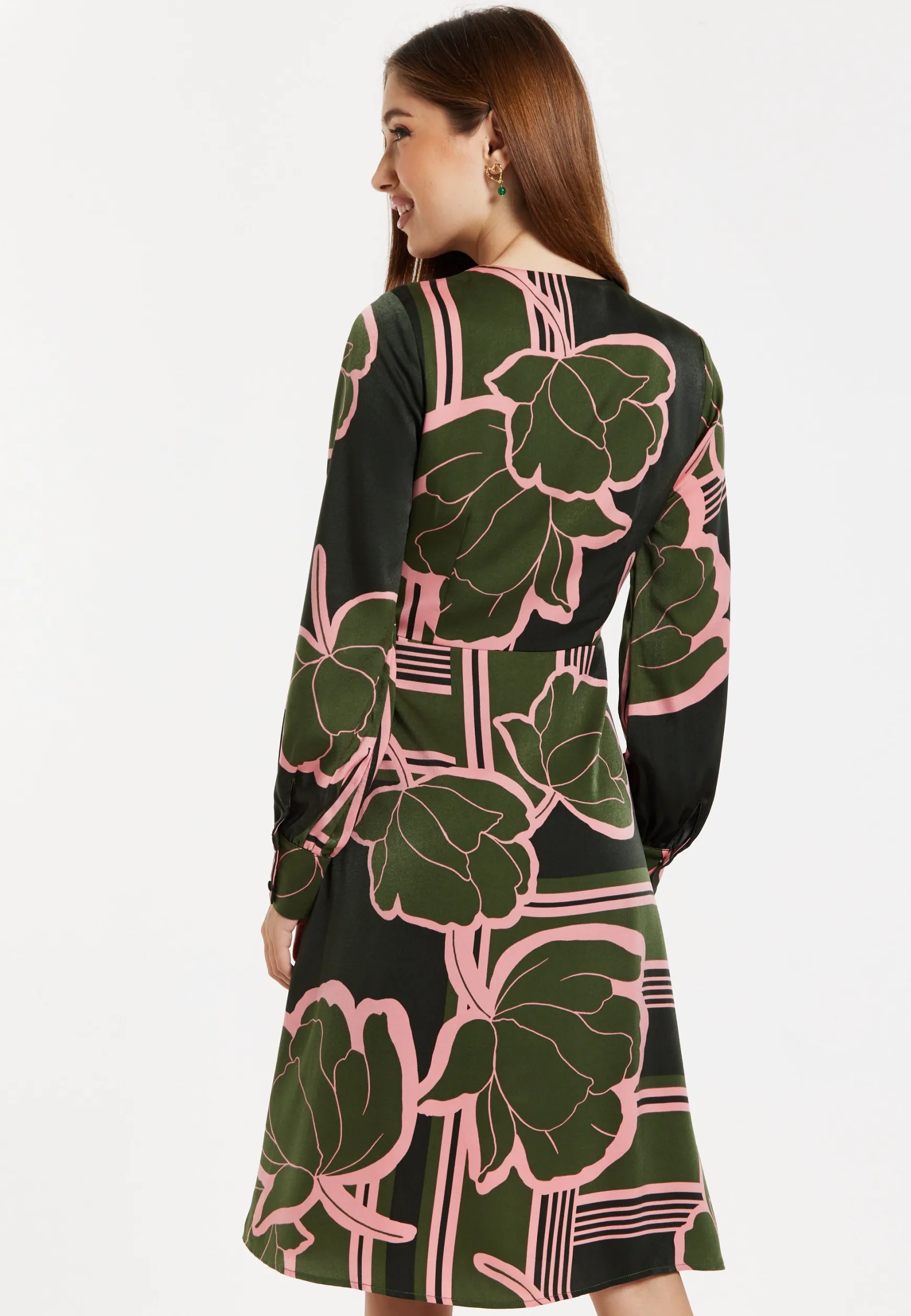 Women's Midi Wrap Dress in Dark Green with Long Sleeves and Geometric Floral Print by Liquorish