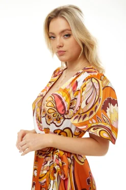 Women's Midi Wrap Dress in Vibrant Orange Floral with Short Sleeves - Stylish Design by Liquorish