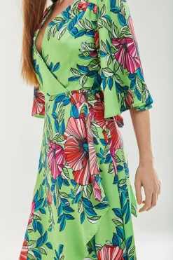 Women's Midi Wrap Dress in Green with Flared Sleeves - Elegant Floral Design by Liquorish