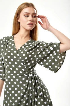 Women's Midi Wrap Dress in Khaki with Kimono Sleeves - Chic Polka Dot Design by Liquorish